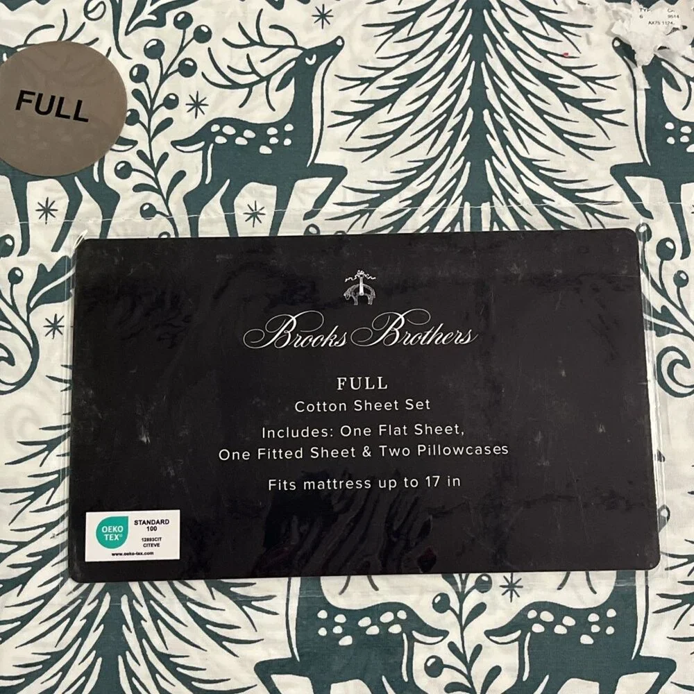 Brooks Brothers‎ Full Sheet Set Holiday Christmas White Green Reindeer Print New